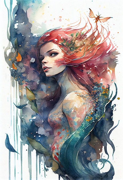 Bonita sirena en arte gráfico de acuarela