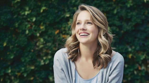 Bonita sorrindo alegremente mulher com cabelo loiro vestida casualmente olhando com satisfação