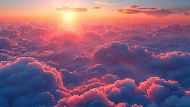 una bonita vista del amanecer de un cielo rosado brillante con nubes debajo en el estilo de detalles fotorrealistas paisajes fotorealistas vista aérea IA generativa