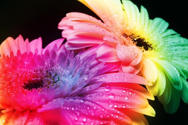 Foto bonitas flores de gerbera arcoíris en negro
