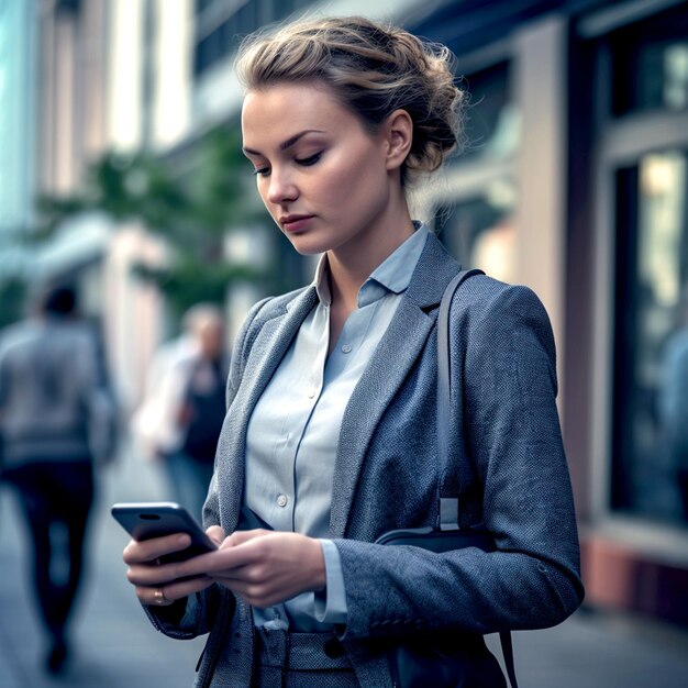 Bonitas mujeres empresarias usando un teléfono inteligente móvil en la ciudad