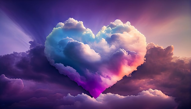 Bonitas nuvens multicoloridas em forma de coração no fundo da cena do Dia dos Namorados
