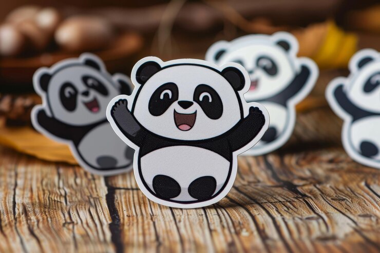 Foto bonitas pegatinas de panda expuestas en una mesa de madera con hojas de otoño y nueces en el fondo que crean una atmósfera alegre