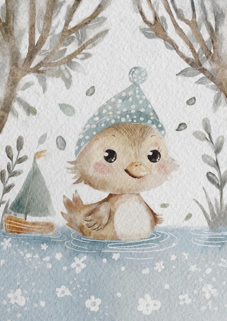 bonito acuarela dibujada a mano acuarela ilustración bonito pájaro de dibujos animados en un sombrero bufanda bufanda cristo