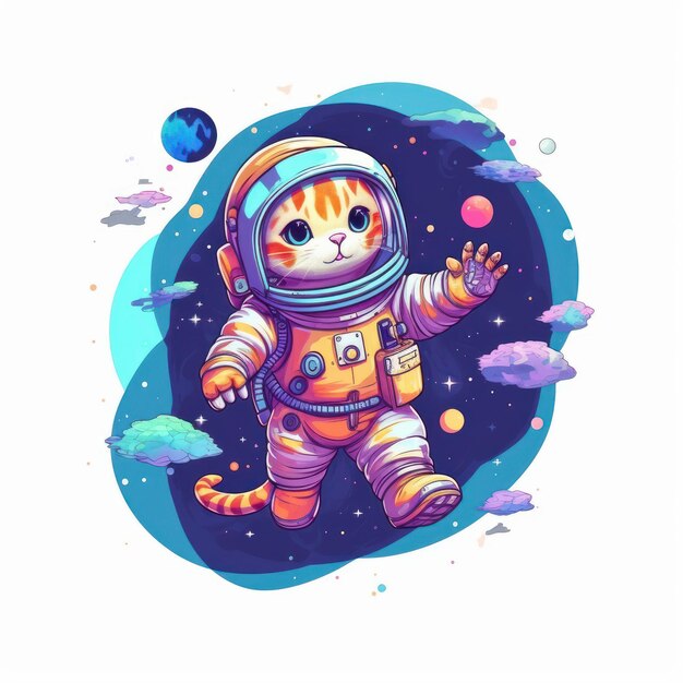 Bonito adesivo engraçado de um astronauta gato que está no espaço Linda imagem ilustrativa