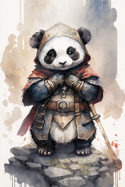 Bonito adorável bebê panda samurai olhando para câmera em aquarela