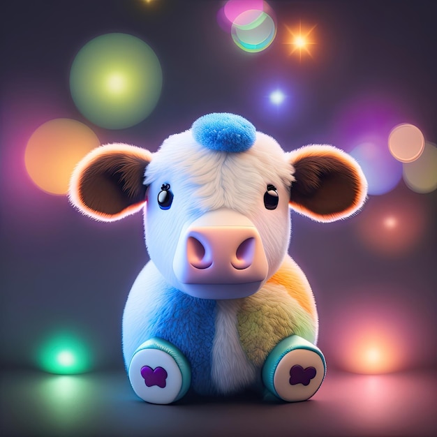 Bonito animal de peluche, vaca, fondo con luces brillantes, peluche adorable, juguete para bebé para niños