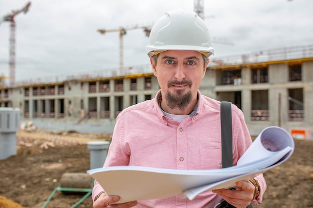 Bonito arquiteto ou supervisor em pé ao ar livre em um canteiro de obras, segurando uma planta nas mãos, olhando para a câmera com um sorriso amigável.