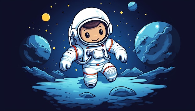 un bonito astronauta blanco de dibujos animados volando en gravedad cero