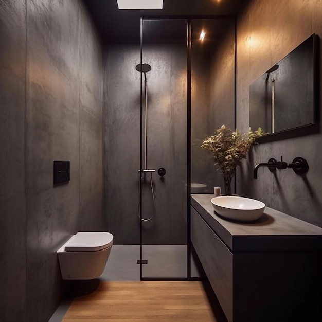 Bonito banheiro moderno contemporâneo com paredes de cimento de titânio cinza
