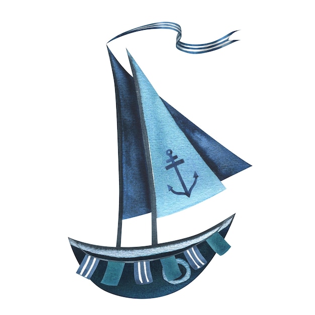 Bonito barco azul con velas cinta rayada guirnalda banderas ancla Ilustración acuarela dibujada a mano en estilo infantil Objeto aislado sobre un fondo blanco
