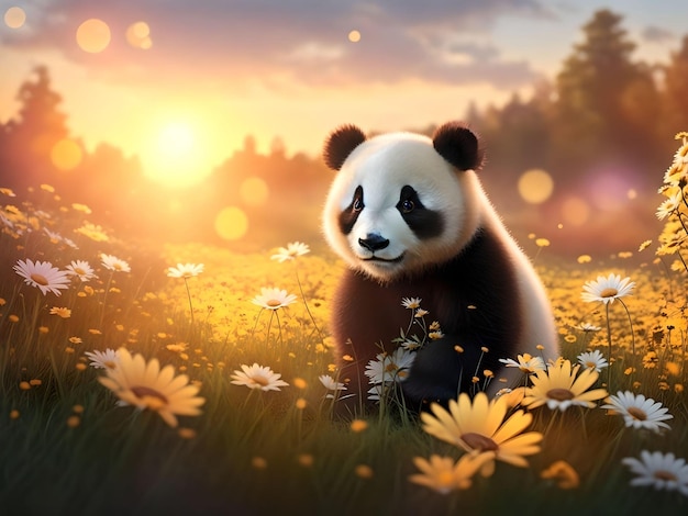 bonito bebê panda sentado em um campo de flores de grama sobre o pôr do sol bokeh fundo AI gerado