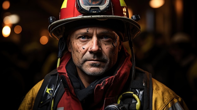 Bonito bombero con un camión de bomberos