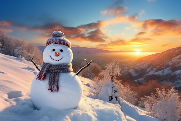 Bonito boneco de neve na neve com chapéu senta para feliz Natal e festival de ano novo papel de parede de inverno AI