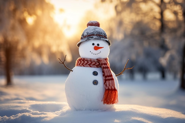 Bonito boneco de neve na neve com chapéu senta para feliz Natal e festival de ano novo papel de parede de inverno AI