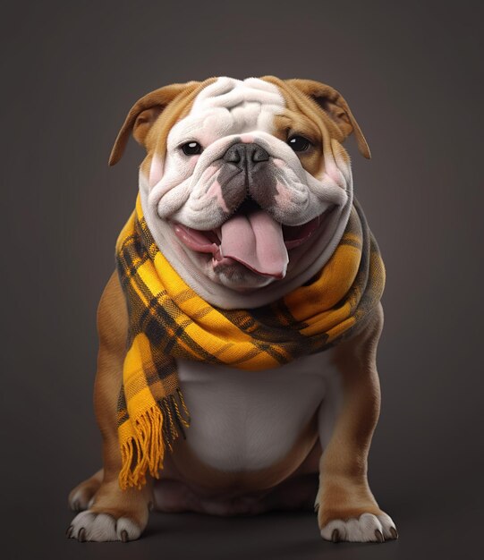 bonito bulldog inglés sonriente con bufanda en un fondo gris retrato creado por tecnología de IA generativa