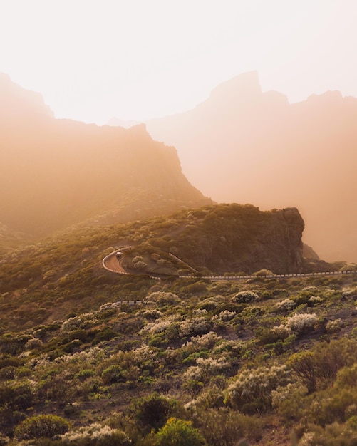 Bonito camino sinuoso con una puesta de sol en Tenerife