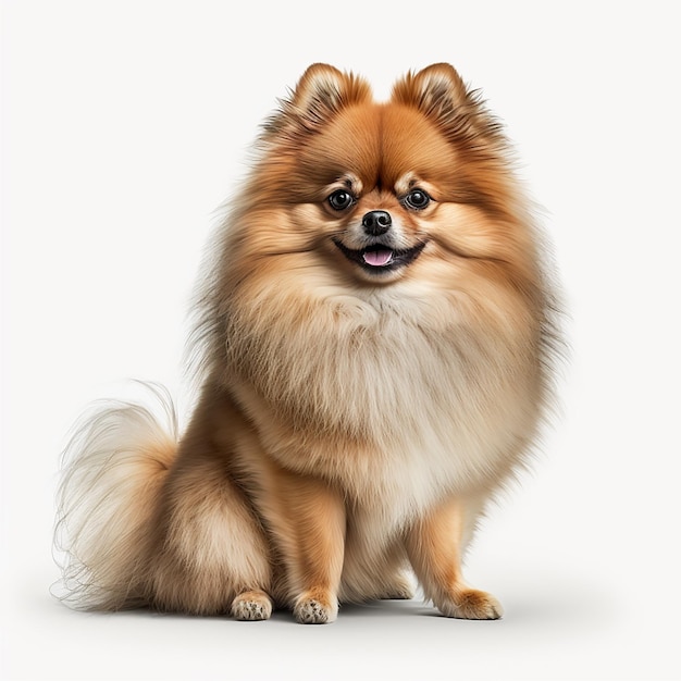 Bonito cão pequeno vermelho raça Pomeranian isolado no branco closeup lindo animal de estimação fofo cão encaracolado