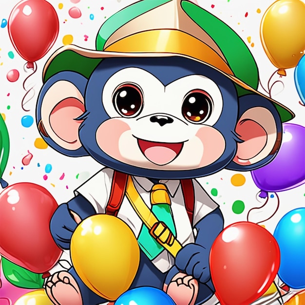 Bonito chibi macaco aniversário chapéu caixa de presente pintura acrílica tendência no pixiv fanbox pálido