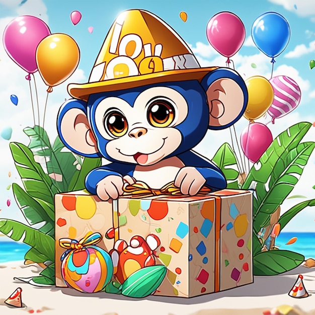 Bonito chibi macaco aniversário chapéu caixa de presente pintura acrílica tendência no pixiv fanbox pálido