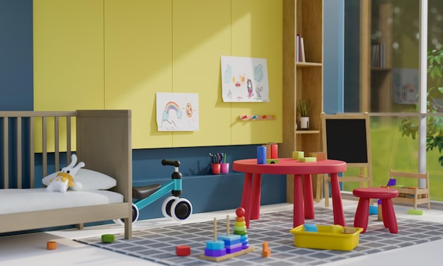 Bonito y colorido diseño interior de dormitorio infantil con cama de juguetes creativos para niños y mesa de juegos para niños