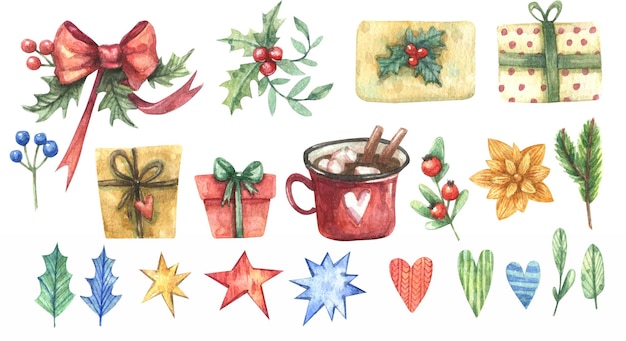 Foto bonito conjunto de ilustraciones navideñas de invierno con regalos, decoraciones y estrellas.