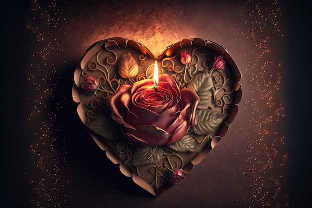 Bonito corazón con una vela encendida en el medio y rodeado de flores Luz cálida Tarjeta de San Valentín IA generativa