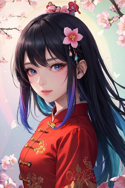 Bonito desenho animado anime estilo chinês cheongsam fantasia linda garota papel de parede ilustração de fundo