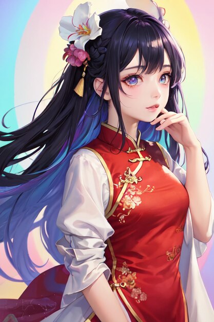 Bonito desenho animado anime estilo chinês cheongsam fantasia linda garota papel de parede ilustração de fundo