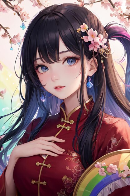 Bonito desenho animado anime estilo chinês cheongsam fantasia linda garota papel de parede ilustração de fundo