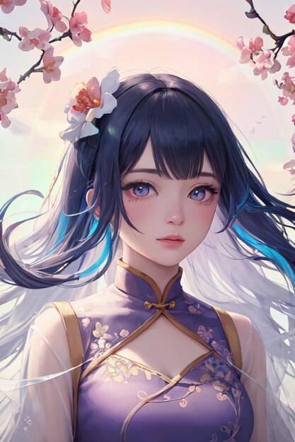 Bonito desenho animado anime estilo chinês cheongsam fantasia linda garota papel de parede ilustração de fundo