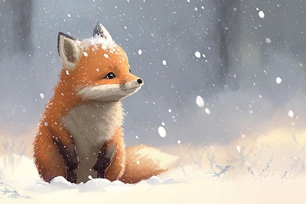 Bonito desenho de bebê raposa vermelha onírico no inverno de neve Generative AI Animal e conceito de paisagem