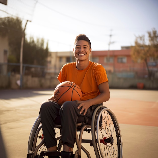 Foto bonito determinado e sorridente jogador de rugby deficiente em cadeira de rodas segura uma bola e está pronto para jogar outra partida no campo