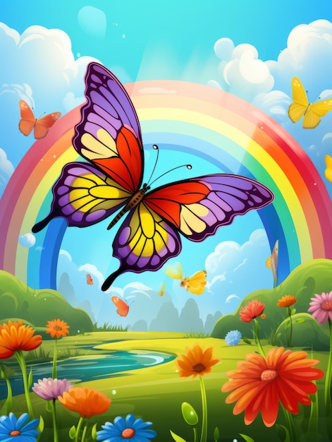 Bonito dibujo animado de mariposa con arco iris