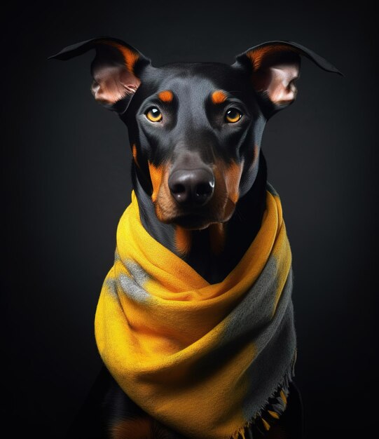 bonito Doberman Pinscher sonriente con una bufanda en un retrato de fondo gris