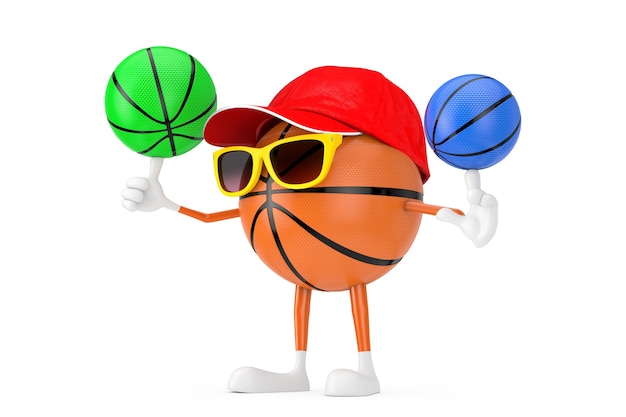 Foto bonito dos desenhos animados de brinquedo bola de basquete esportes mascote personagem personagem spining bolas de basquete coloridas sobre um fundo branco. renderização 3d