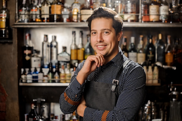 Bonito e jovem sorridente barman de cabelos castanho