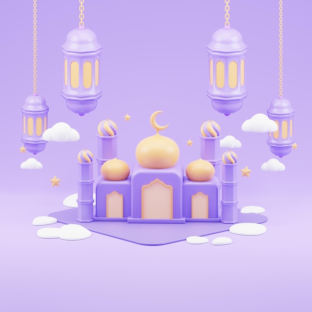 Bonito eid al adha mubarak fundo islâmico 3d render mesquita roxa e lanterna