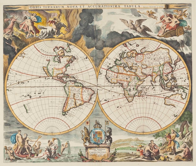 Foto bonito ejemplo antiguo en color del mapa de doble hemisferio de moses pitt del mundo van loon 1661