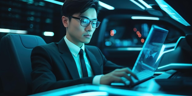 Bonito elegante empresário japonês usando óculos lendo laptop e assistindo notícias na tela conceito futurista