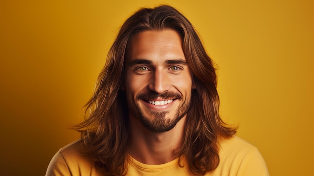 Bonito elegante sexy sorridente homem caucasiano com pele perfeita e cabelo longo em uma laranja