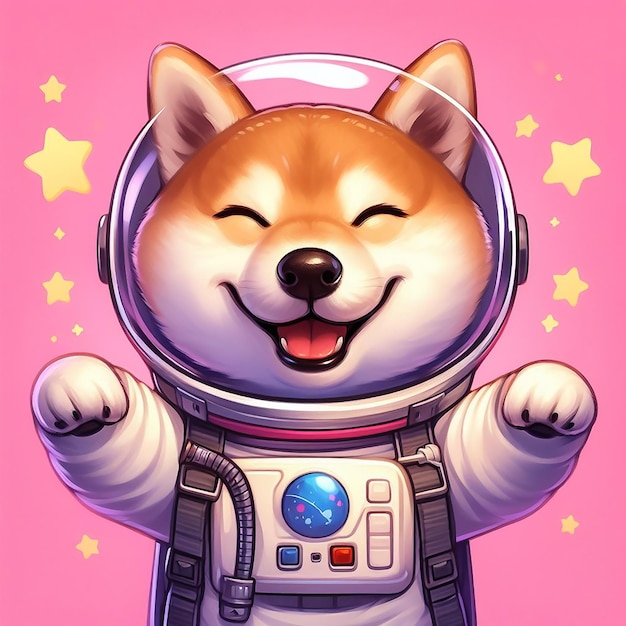 un bonito y feliz astronauta Shiba Inu en un fondo rosado