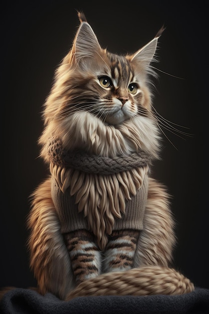 Bonito gato MaineCoon sueter colorido e roupa de chapéu estilo de malha Generative AI AIG16