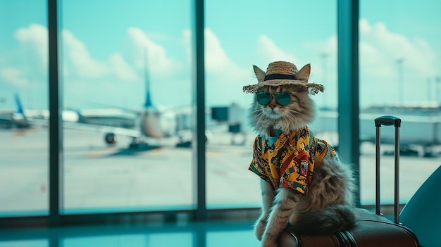 un bonito gato peludo con gafas de sol que lleva una camisa de turista y un sombrero sentado en una gran maleta generativa Ai