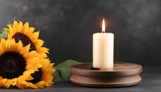 Foto bonito girassol e vela ardente em fundo escuro com espaço para texto flor funerária