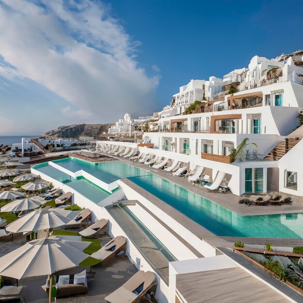 Bonito gran hotel blanco con muchas piscinas en Santorini