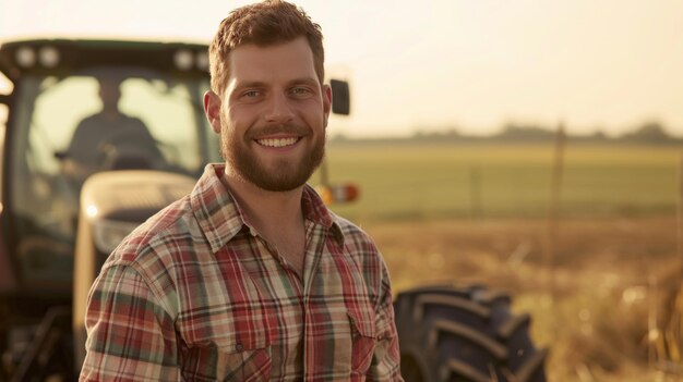 Foto un bonito granjero con una camisa a cuadros sonriendo y mirando a la cámara