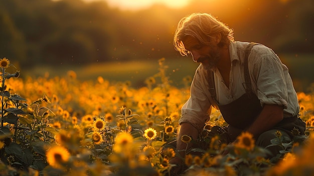 Un bonito granjero maduro en un campo de girasoles al atardecer.