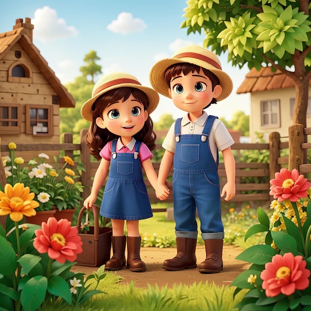 El bonito granjero y la niña de dibujos animados en el jardín