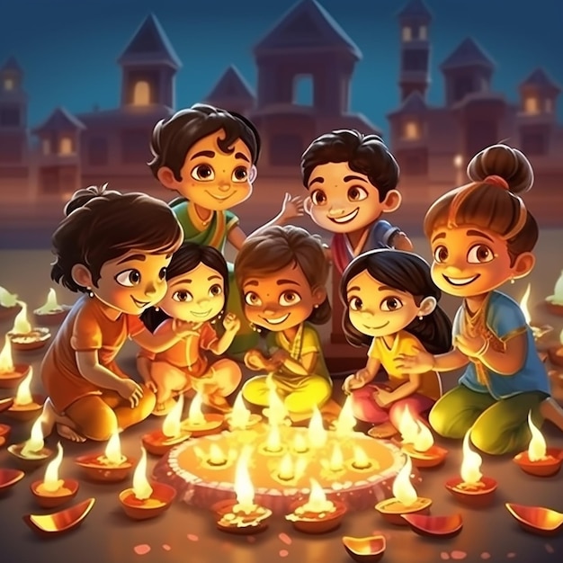 bonito grupo de niños encendiendo lámpara de aceite celebración del festival ilustración vectorial de dibujos animados